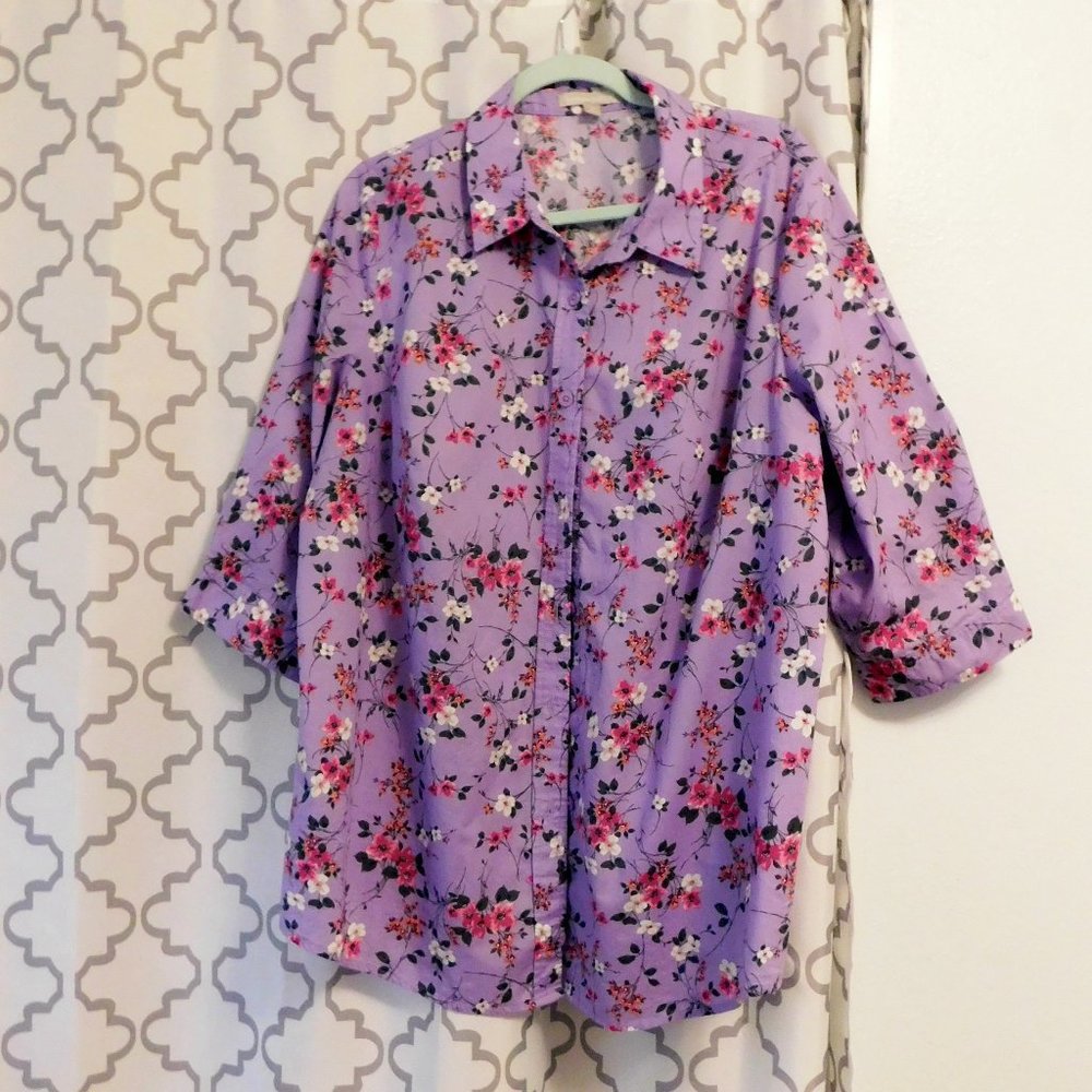 Woman Within Lavender Floral Blouse - EUC